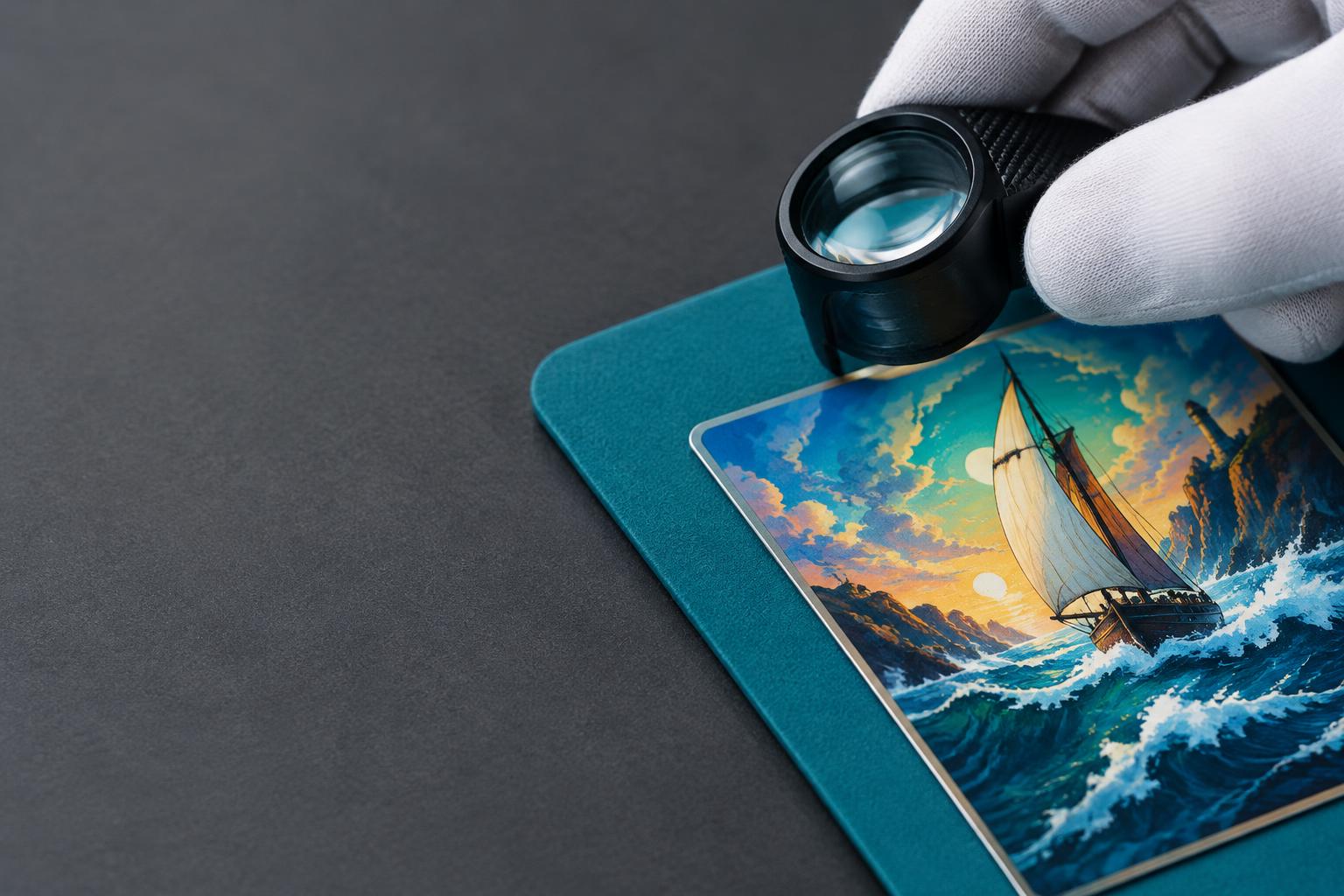Inspecting the edges of a collectible card with a magnifying loupe